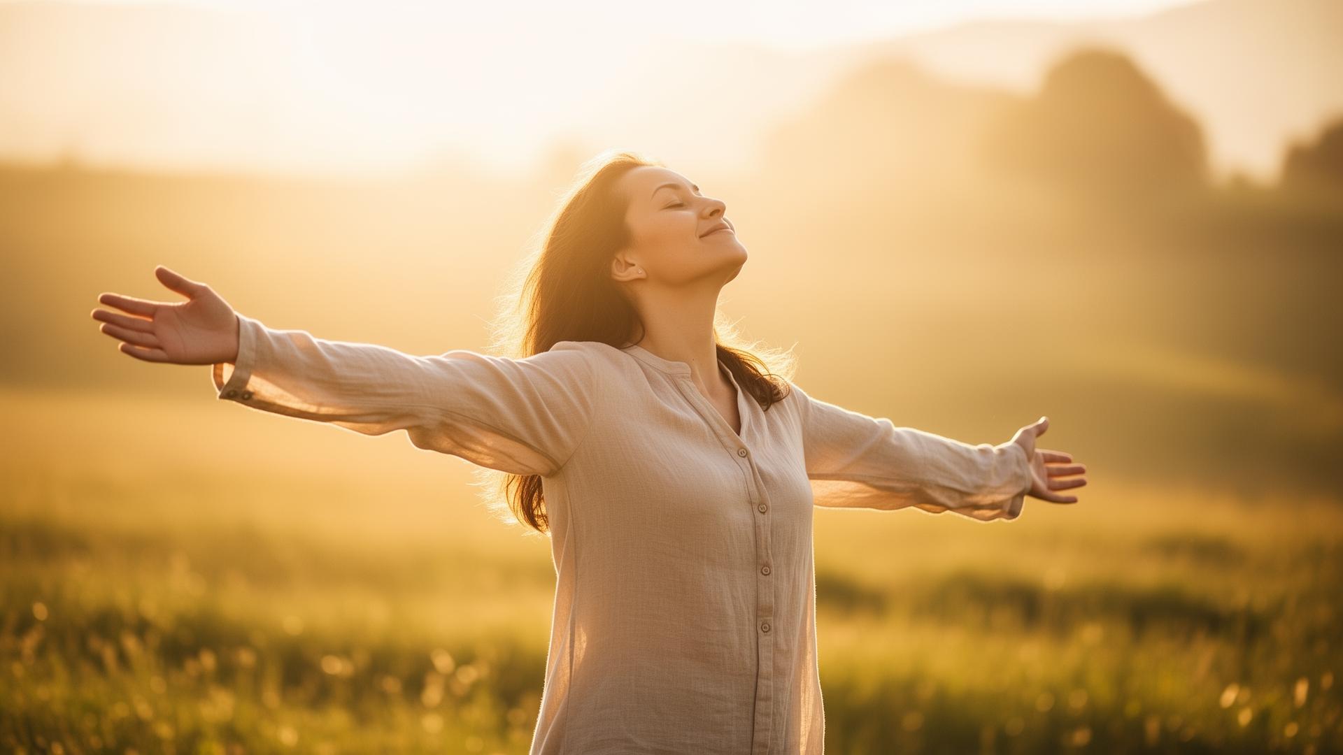 Persona con postura de apertura respirando en naturaleza
