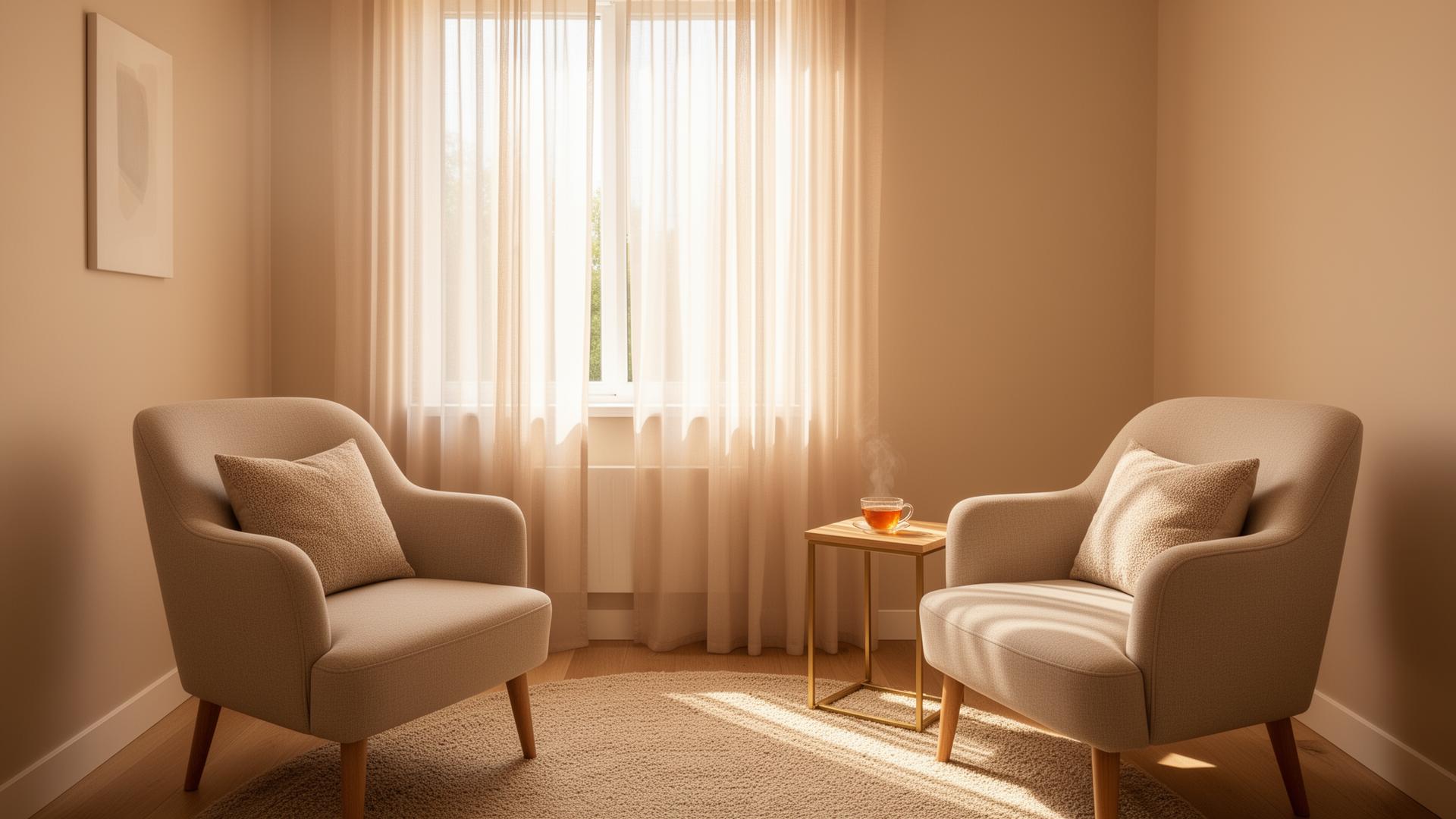 Espacio de terapia acogedor en Barcelona — dos sillones y luz cálida