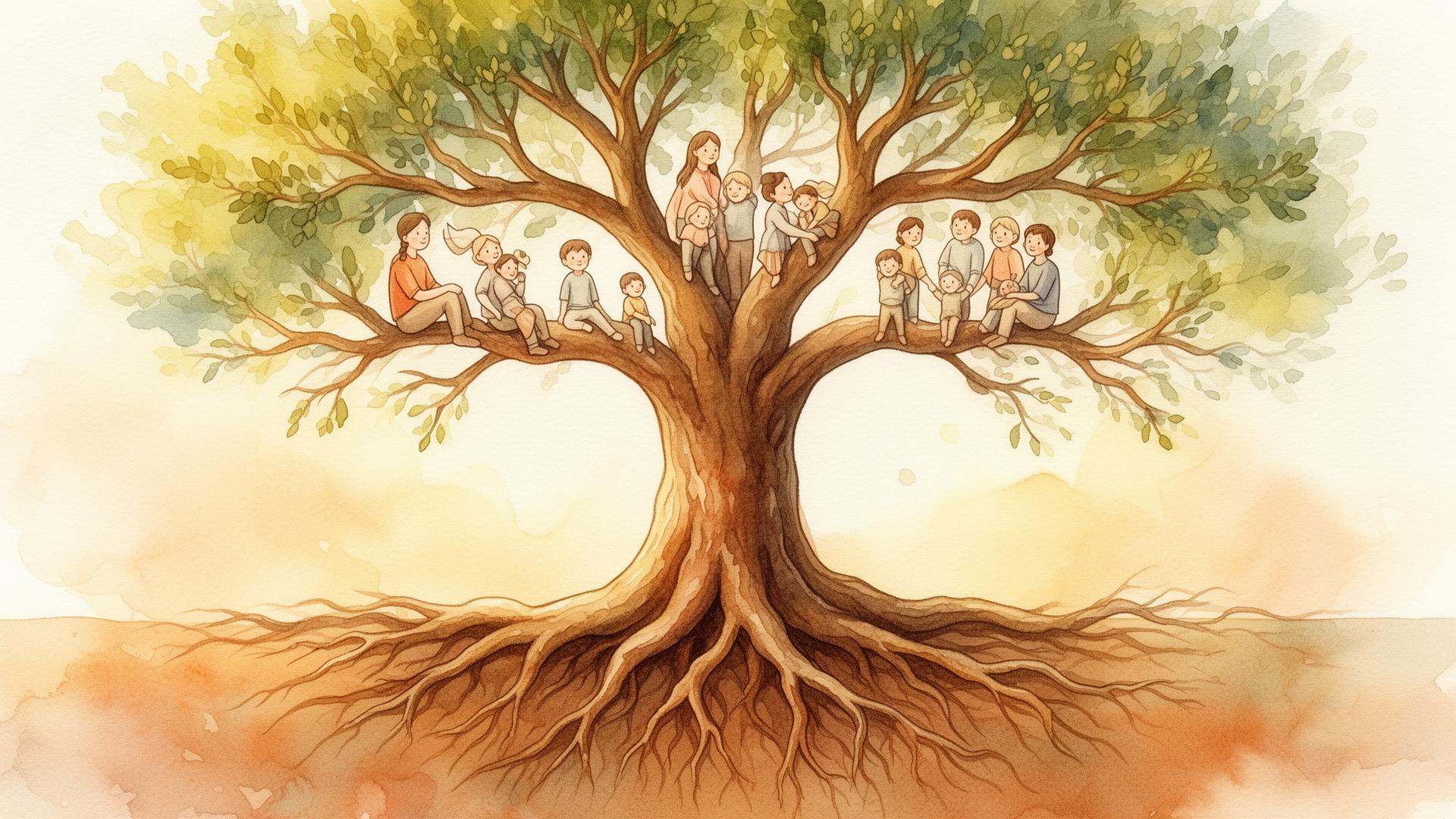 Raíces de árbol entrelazadas en bosque sereno, representando vínculos familiares