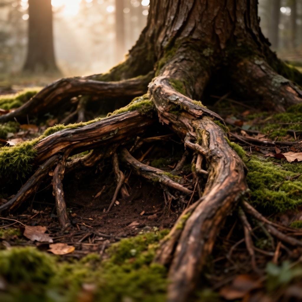 Raíces entrelazadas en suelo de bosque con luz matutina, sanación familiar