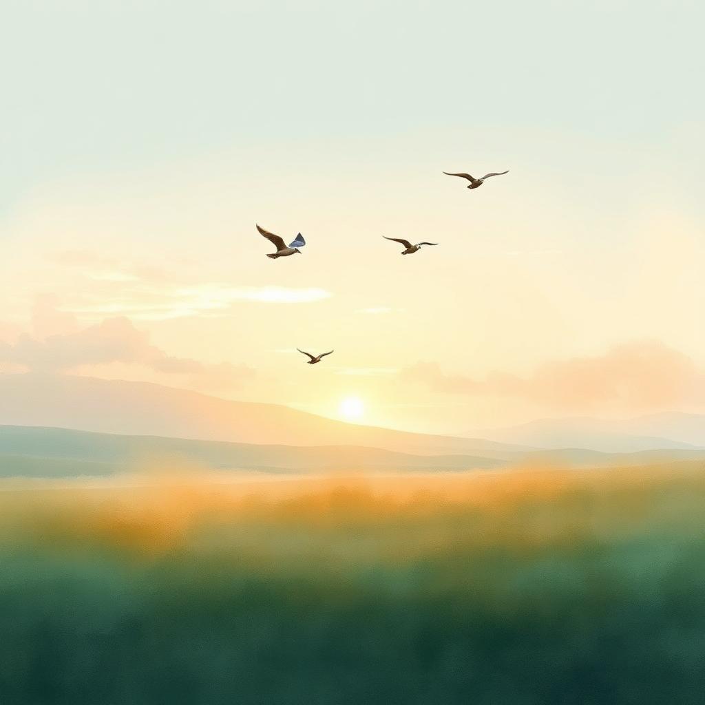 Pájaros volando en libertad sobre un paisaje abierto al amanecer