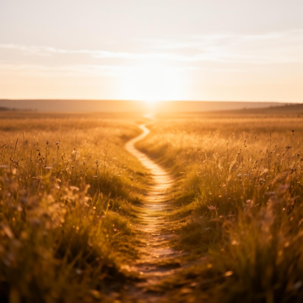 Camino sereno a través de un prado dorado hacia el horizonte, claridad vital